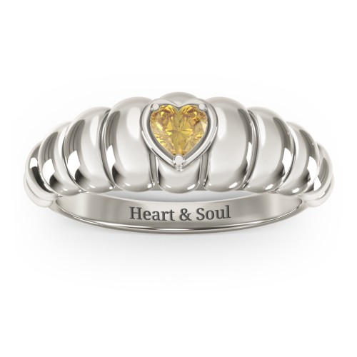 Croissant Dome Ring with Heart Gemstone – 10K White Gold with Citrine