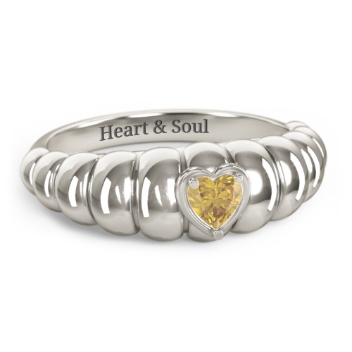 Croissant Dome Ring with Heart Gemstone – 10K White Gold with Citrine