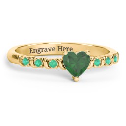 Solitaire Heart Gemstone Ring with Side Accent Stones in 18K Gold Plated Silver with Emerald