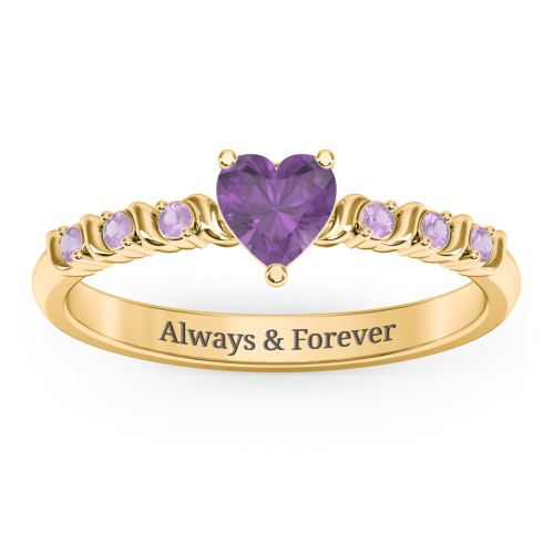 Solitaire Heart Gemstone Ring with Side Accent Stones – 18K Gold Plated Silver with Amethyst