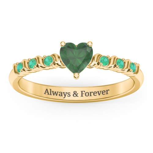 Solitaire Heart Gemstone Ring with Side Accent Stones – 18K Gold Plated Silver with Emerald