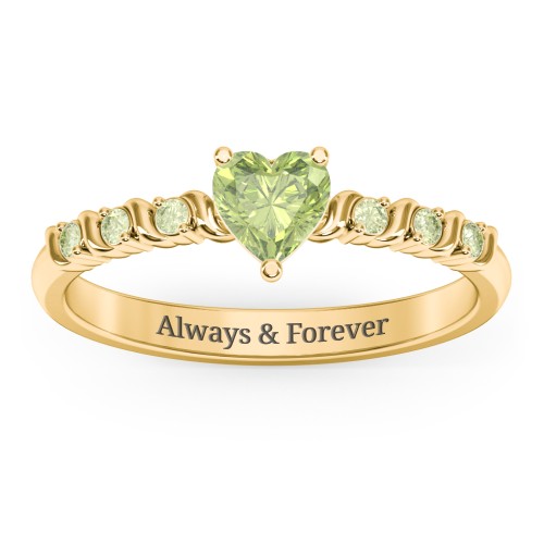 Solitaire Heart Gemstone Ring with Side Accent Stones – 18K Gold Plated Silver with Peridot