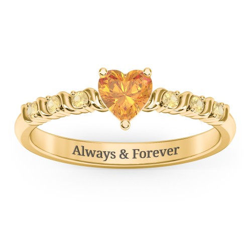 Solitaire Heart Gemstone Ring with Side Accent Stones – 18K Gold Plated Silver with Citrine