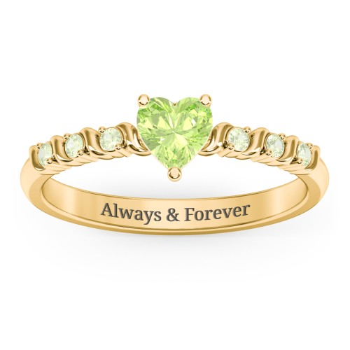Solitaire Heart Gemstone Ring with Side Accent Stones – 18K Gold Plated Silver with Peridot