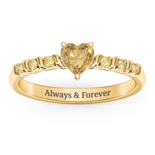 Solitaire Heart Gemstone Ring with Side Accent Stones – 18K Gold Plated Silver with Citrine