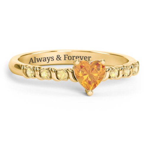 Solitaire Heart Gemstone Ring with Side Accent Stones – 18K Gold Plated Silver with Citrine