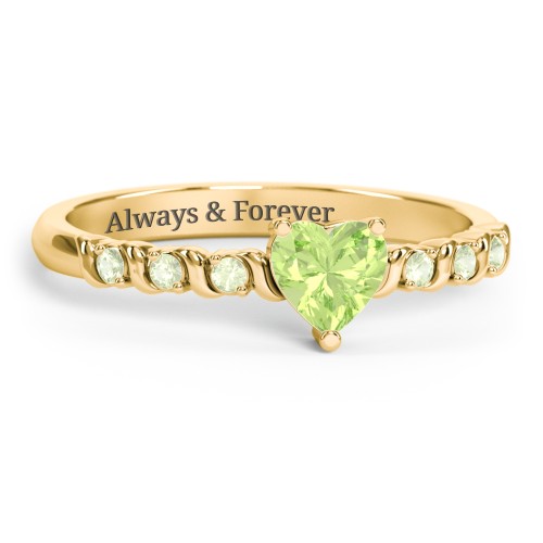 Solitaire Heart Gemstone Ring with Side Accent Stones – 18K Gold Plated Silver with Peridot