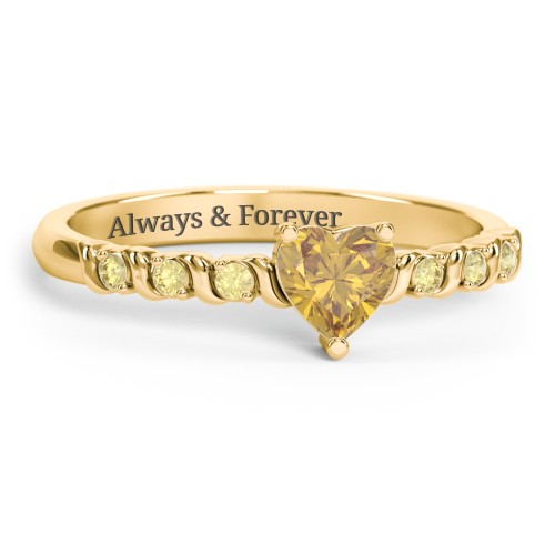 Solitaire Heart Gemstone Ring with Side Accent Stones – 18K Gold Plated Silver with Citrine