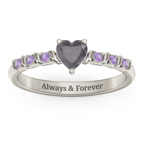 Solitaire Heart Gemstone Ring with Side Accent Stones – 10K White Gold with Alexandrite and Amethyst