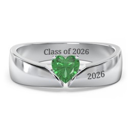 Solitaire Heart Gemstone Ring with Tapered Wide Band in 925 Sterling Silver with Emerald