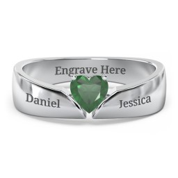 Solitaire Heart Gemstone Ring with Tapered Wide Band in 925 Sterling Silver with Emerald
