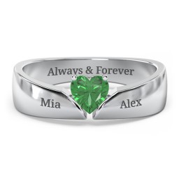 Solitaire Heart Gemstone Ring with Tapered Wide Band in 925 Sterling Silver with Emerald