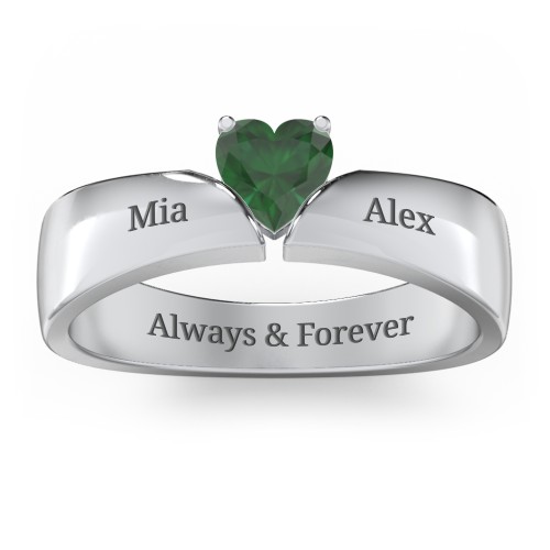 Solitaire Heart Gemstone Ring with Tapered Wide Band – Sterling Silver with Emerald