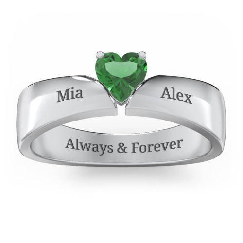 Solitaire Heart Gemstone Ring with Tapered Wide Band – Sterling Silver with Emerald