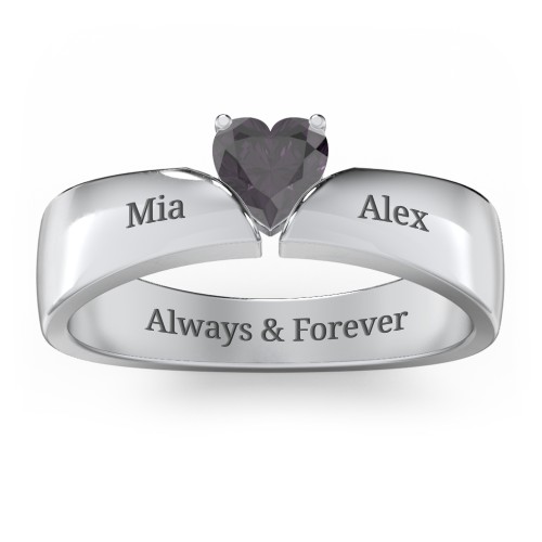 Solitaire Heart Gemstone Ring with Tapered Wide Band – Sterling Silver with Alexandrite