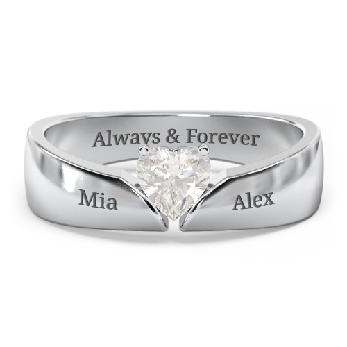 Solitaire Heart Gemstone Ring with Tapered Wide Band – Sterling Silver with Cubic Zirconia