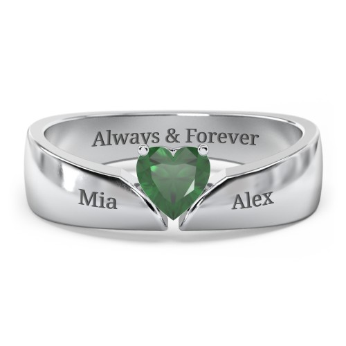 Solitaire Heart Gemstone Ring with Tapered Wide Band – Sterling Silver with Emerald