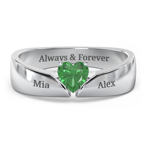 Solitaire Heart Gemstone Ring with Tapered Wide Band – Sterling Silver with Emerald