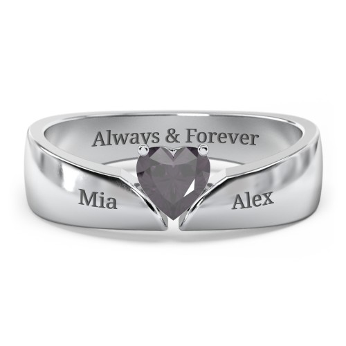 Solitaire Heart Gemstone Ring with Tapered Wide Band – Sterling Silver with Alexandrite