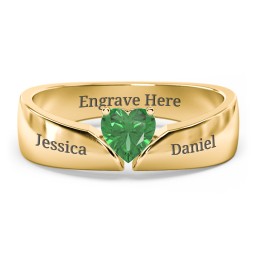 Solitaire Heart Gemstone Ring with Tapered Wide Band in 10K Solid Yellow Gold with Emerald