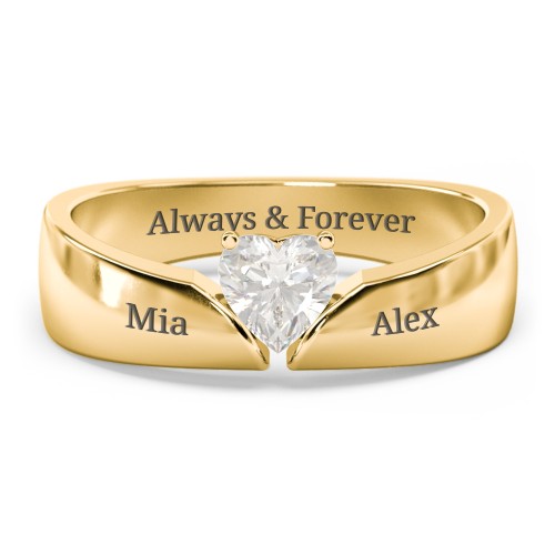 Solitaire Heart Gemstone Ring with Tapered Wide Band – 10K Yellow Gold with Cubic Zirconia