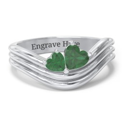 Double Heart Wave Birthstone Ring in 925 Sterling Silver with Emerald