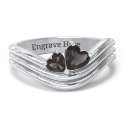Double Heart Wave Birthstone Ring in 925 Sterling Silver with Smokey Quartz