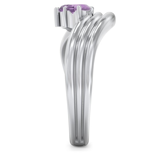 Double Heart Wave Birthstone Ring – Sterling Silver with Amethyst