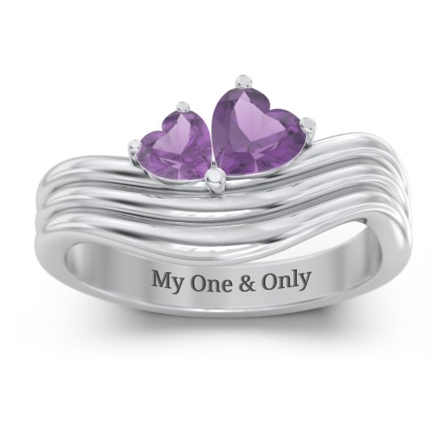 Double Heart Wave Birthstone Ring – Sterling Silver with Amethyst