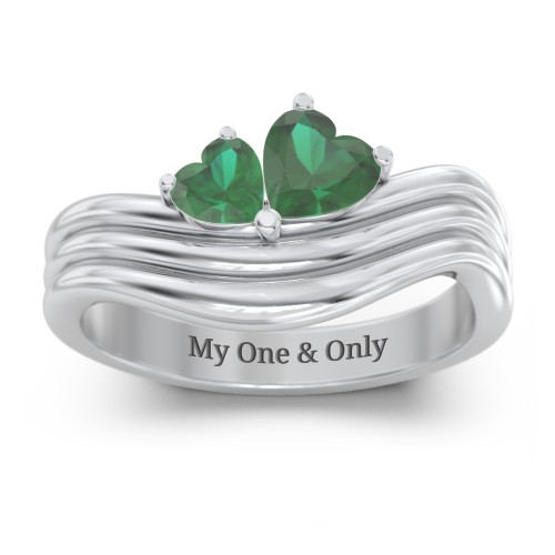 Double Heart Wave Birthstone Ring – Sterling Silver with Emerald