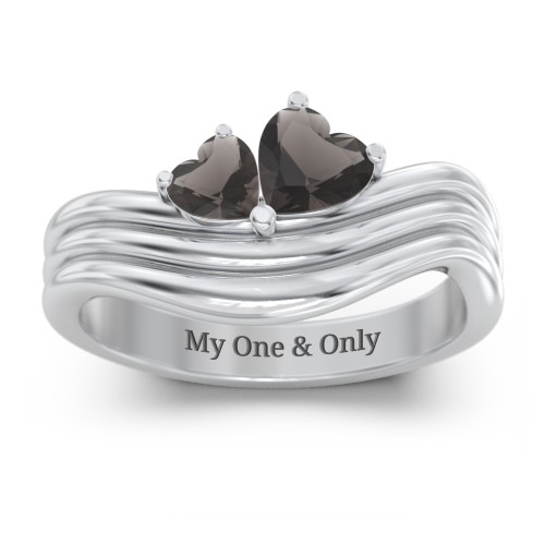 Double Heart Wave Birthstone Ring – Sterling Silver with Smokey Quartz