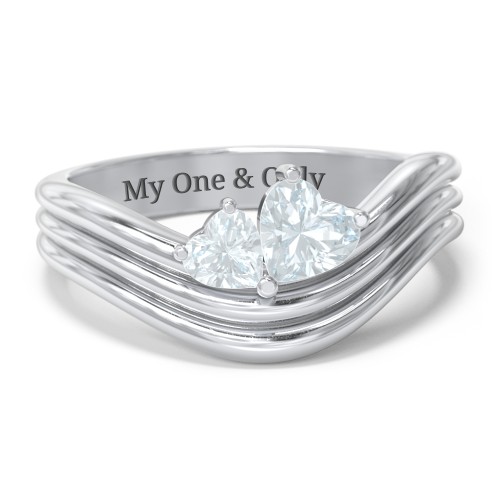 Double Heart Wave Birthstone Ring – Sterling Silver with Aquamarine