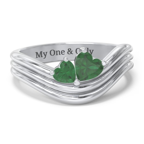 Double Heart Wave Birthstone Ring – Sterling Silver with Emerald