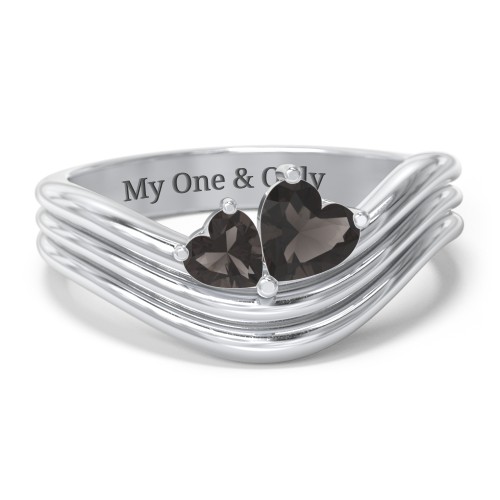 Double Heart Wave Birthstone Ring – Sterling Silver with Smokey Quartz