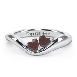 Tilted Double Heart Gemstone Ring with Curved Band