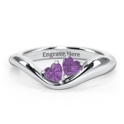 Tilted Double Heart Gemstone Ring with Curved Band
