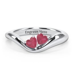 Tilted Double Heart Gemstone Ring with Curved Band