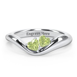 Tilted Double Heart Gemstone Ring with Curved Band