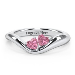 Tilted Double Heart Gemstone Ring with Curved Band