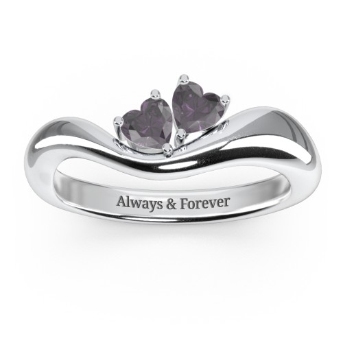 Tilted Double Heart Gemstone Ring with Curved Band