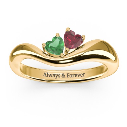 Tilted Double Heart Gemstone Ring with Curved Band