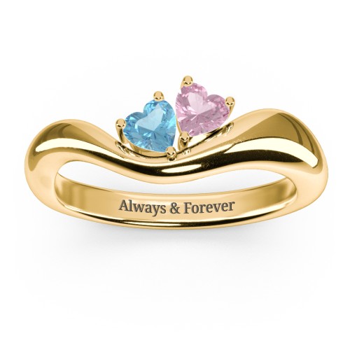 Tilted Double Heart Gemstone Ring with Curved Band – 18K Gold Plated Silver with Blue Topaz and Pink Tourmaline