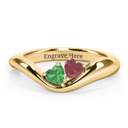 Tilted Double Heart Gemstone Ring with Curved Band in 18K Gold Plated Silver with Emerald and Ruby