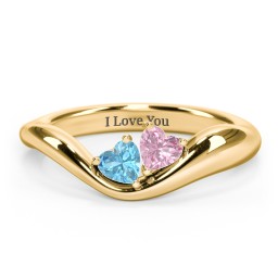 Tilted Double Heart Gemstone Ring with Curved Band in 18K Gold Plated Silver with Blue Topaz and Pink Tourmaline