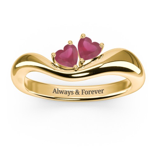 Tilted Double Heart Gemstone Ring with Curved Band – 18K Gold Plated Silver with Ruby