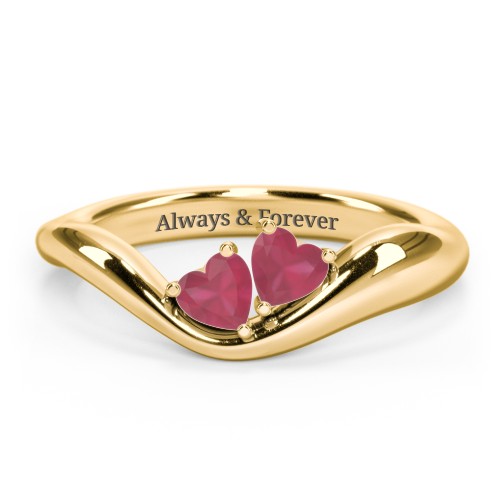 Tilted Double Heart Gemstone Ring with Curved Band – 18K Gold Plated Silver with Ruby