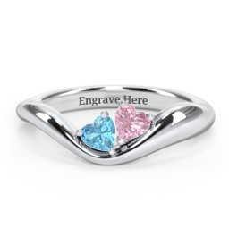 Tilted Double Heart Gemstone Ring with Curved Band in 925 Sterling Silver with Blue Topaz and Pink Tourmaline