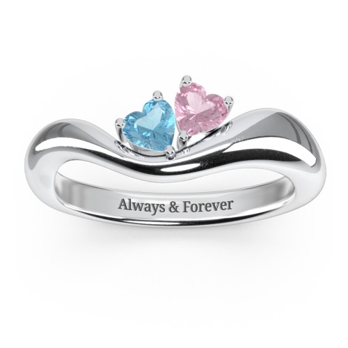 Tilted Double Heart Gemstone Ring with Curved Band – Sterling Silver with Blue Topaz and Pink Tourmaline