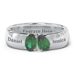 Toi et Moi Oval and Pear Gemstone Ring with Wide Band in 925 Sterling Silver with Emerald
