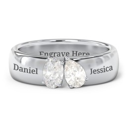 Toi et Moi Oval and Pear Gemstone Ring with Wide Band in 925 Sterling Silver with White Sapphire and Cubic Zirconia